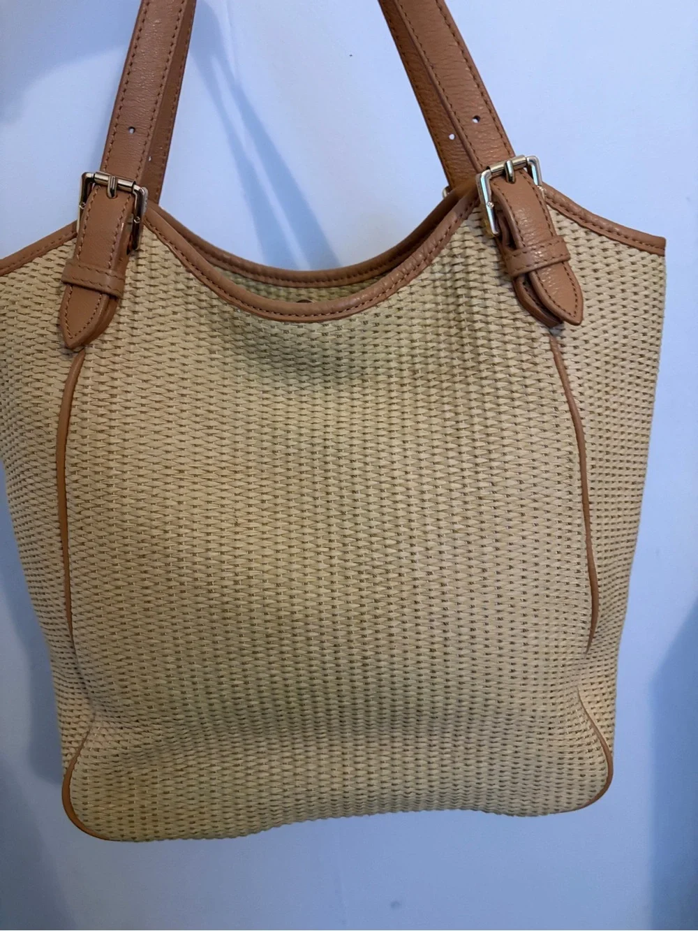 Tory Burch Beige Woven Tote with Leather Trim and Logo